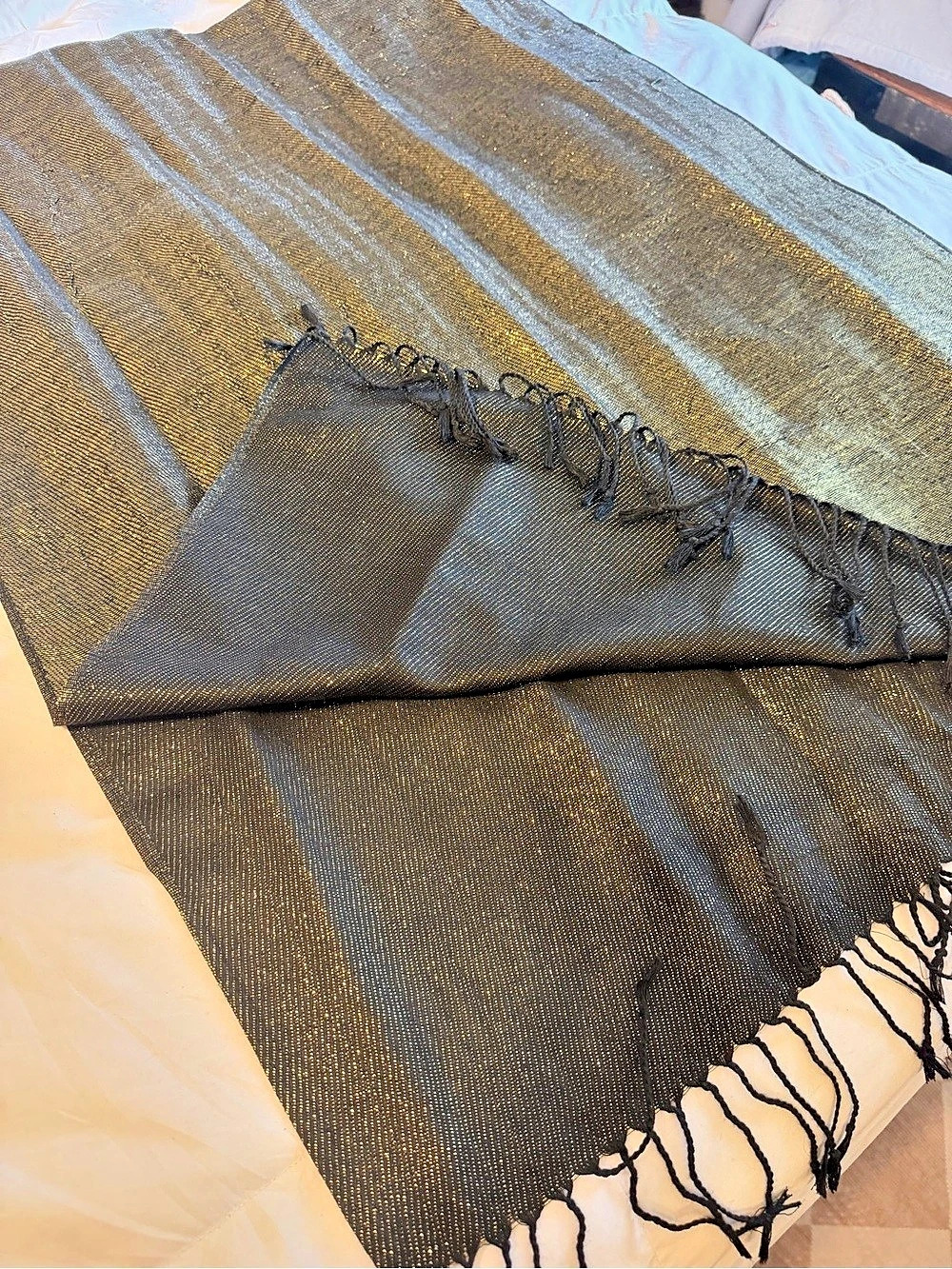 Metallic Fringe Shawl Scarf in Black & Gold